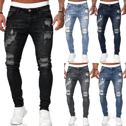 2025 New Fashion Street Style Ripped Skinny Jeans Men Vintage wash Solid Denim