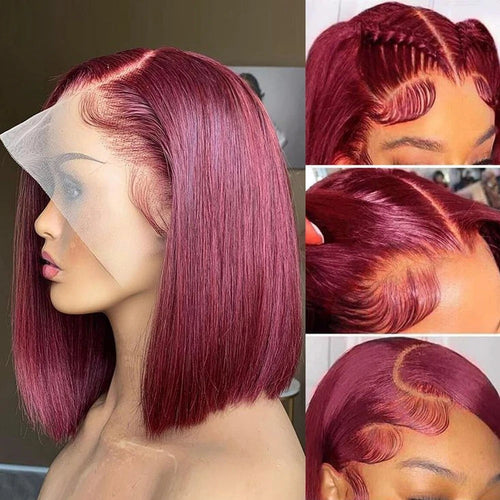 Human Hair Straight Bob Wigs 100% Human Hair 99J Burgundy Color Glueless Bob
