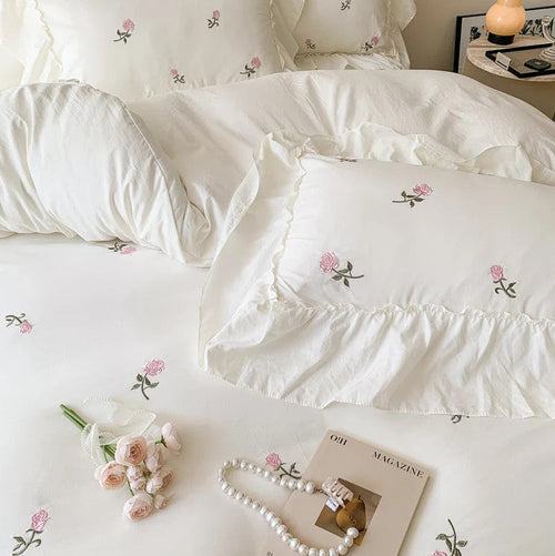 3pcs Rose Embroidered Duvet Cover Set (1*Duvet Cover + 2*Pillowcase, Without