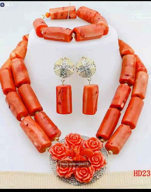 Double Layers Original Coral Nigerian Wedding Beads Jewelry Set Women Coral