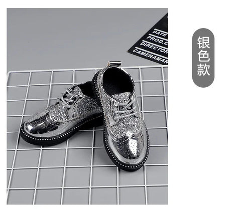 Boys Hollow Out silver Shoes Leather for Kids Party Wedding Dance Shoe Dress