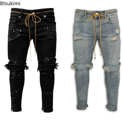 New 2025 Ripped Hole Jeans for Men Hip Hop Cargo Pant Distressed Denim Jeans