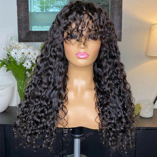 Wear and Go Glue less Wig Water Wave Human Hair Wigs with Bangs for Black Women