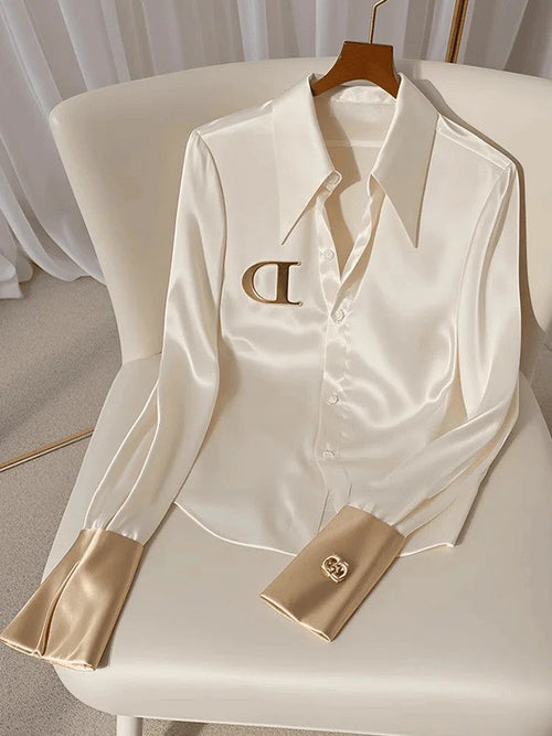 High Quality Fashion Women's White Satin Shirt Turn Down Collar Long Sleeve
