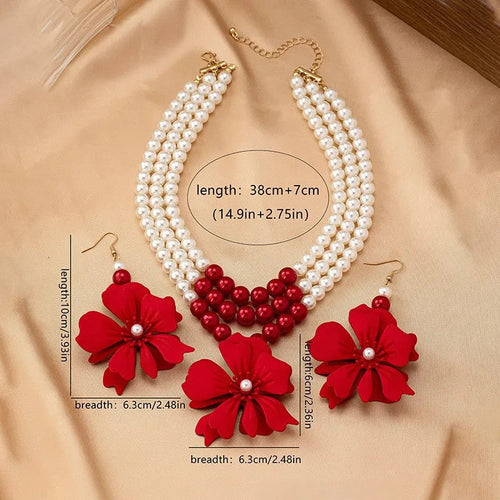 Necklace Big Red Flowers Pendant 3 Layers of Pearl Chain Women Girls Gifts