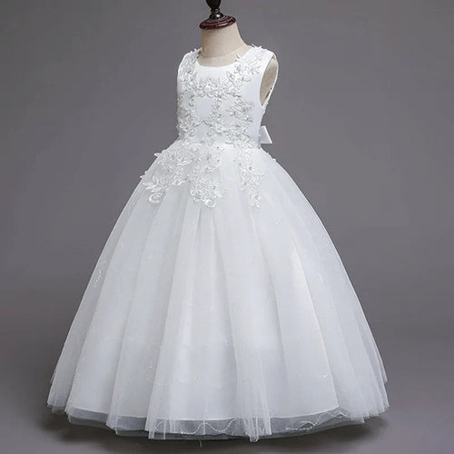 Girls White Lace Pearl Flower Princess Dress For Sequins Sleeveless First