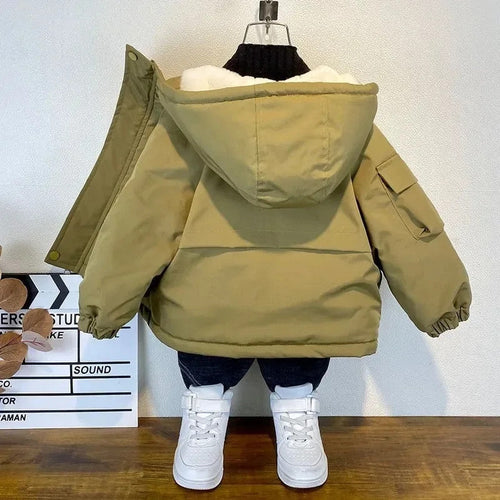 New Winter Down Cotton Jacket Boys Black Hooded Coat Children Outerwear