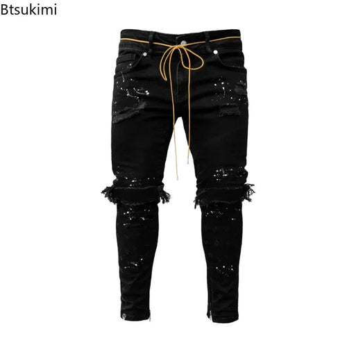 New 2025 Ripped Hole Jeans for Men Hip Hop Cargo Pant Distressed Denim Jeans