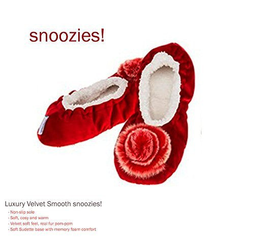 Luxury Deep Red Velvet Pom-Pom Snoozies Ballet Slippers - Ladies UK Sizes 3 to 7 (LARGE UK 6-7)