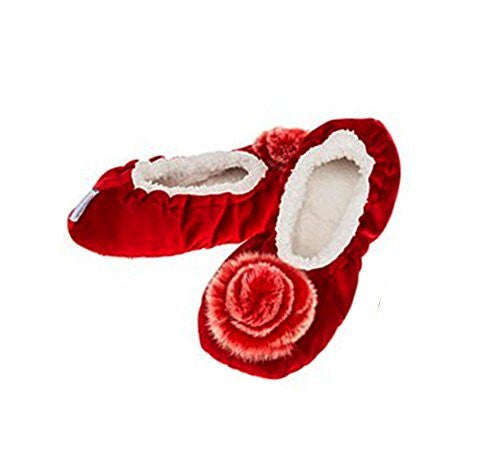 Luxury Deep Red Velvet  Fur effect  Pom Pom Snoozies  Slippers Ladies  (MEDIUM UK 5-6)