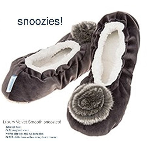 Luxury Deep Grey Velvet Real Fur Pom-Pom Snoozies Ballet Slippers - Ladies UK Sizes 3 to 7 (LARGE UK 6-7)
