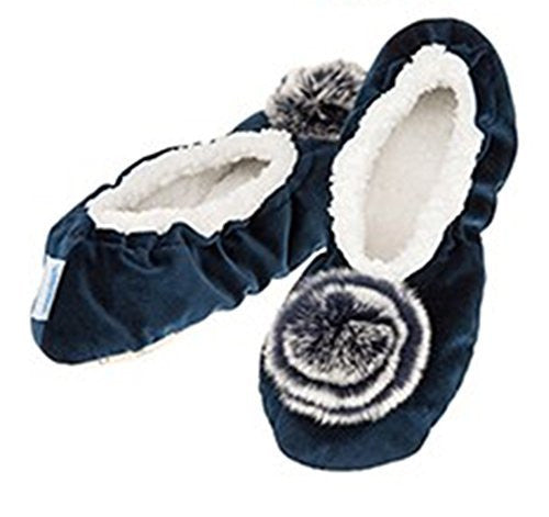 Luxury Deep Navy Velvet Pom-Pom Snoozies Ballet Slippers - Ladies UK Sizes 3 to 7 (LARGE UK 6-7)