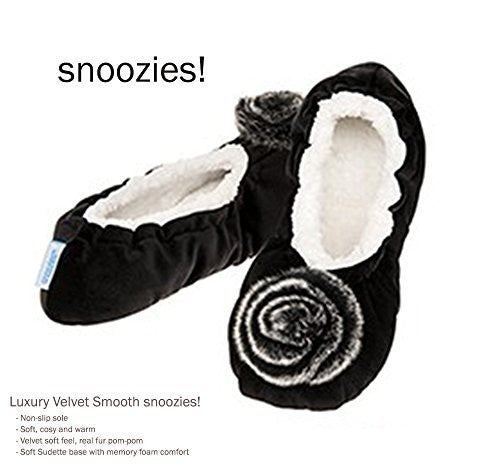 Luxury Black Velvet Real Fur Pom-Pom Snoozies  Slippers - Ladies  (SMALL UK 3-4)
