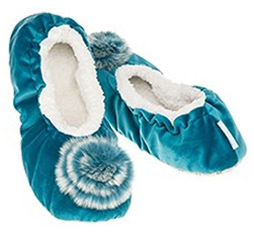 Luxury Teal Velvet  Fur effect  Pom-Pom Snoozies Ballet Slippers - Ladies UK Sizes 3 to 7 (LARGE UK 6-7)