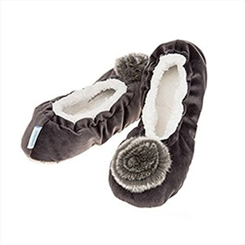 Luxury Deep Grey Velvet Real Fur effect   Pom-Pom Snoozies Ballet Slippers - Ladies UK Sizes 3 to 7 (MEDIUM UK 5-6)