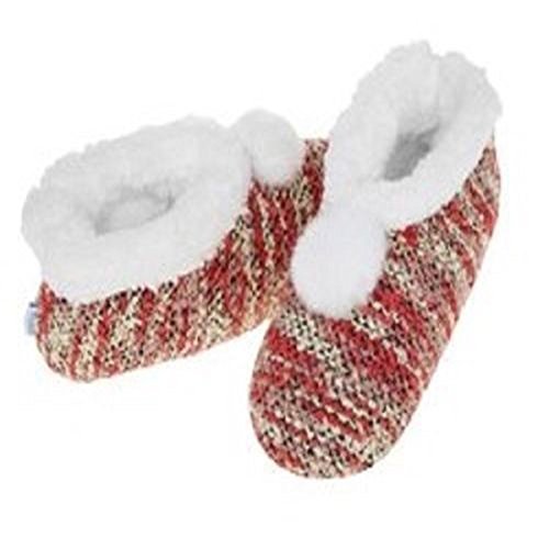 Snoozies Knit Stripe Booties With White Pom-Pom Slippers ~ Non-Slip Sole ~ 3 Sizes & 6 Colour Options (MEDIUM UK 5-6, CORAL)
