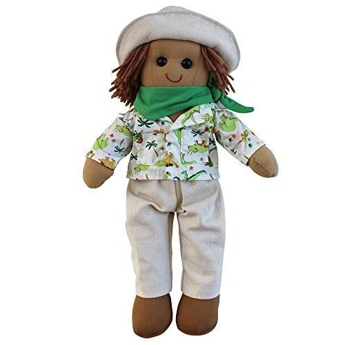 powell craft   Dinosaur explorer rag doll with beige hat, green neck scarf and brown shoes. size 40cm.