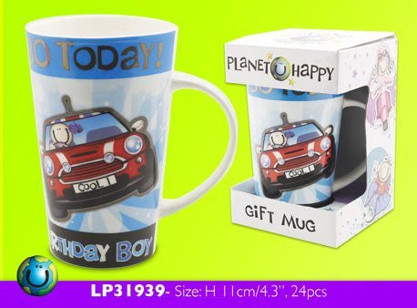 Mans 30th Birthday Present, Planet Happy (by John Shirley) Fine Bone China Mug, Gift Boxed, Make ideal Birthday Present