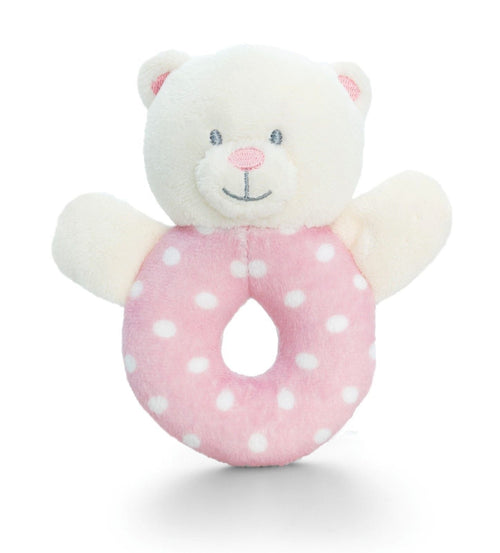 PINK & WHITE SPOTTY Baby's First Rattle Teddy Bear Baby Girl Gift by Keel Toys