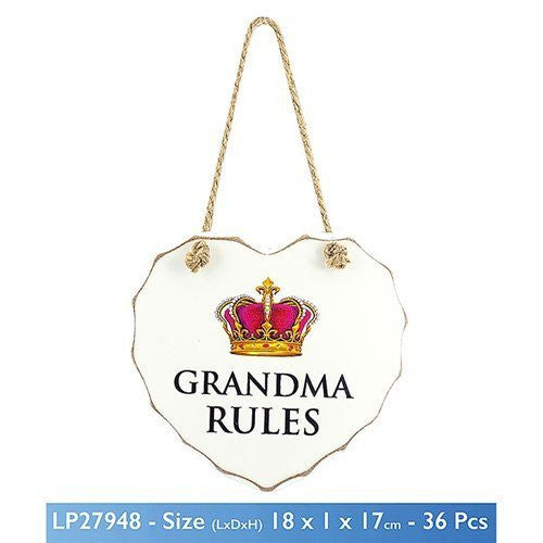 White "Grandma Rules" Love Heart Shaped Sentimental Hanging Plaque