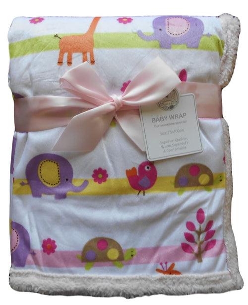 Baby Girls Cute White Pink and Multi-coloured Animals Mink Fleece Wrap Blanket