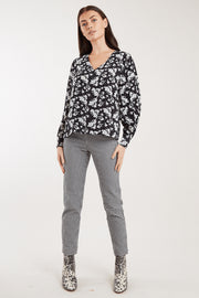 Louche Bindy Mono Sprig Print V Neck Long Sleeve Blouse