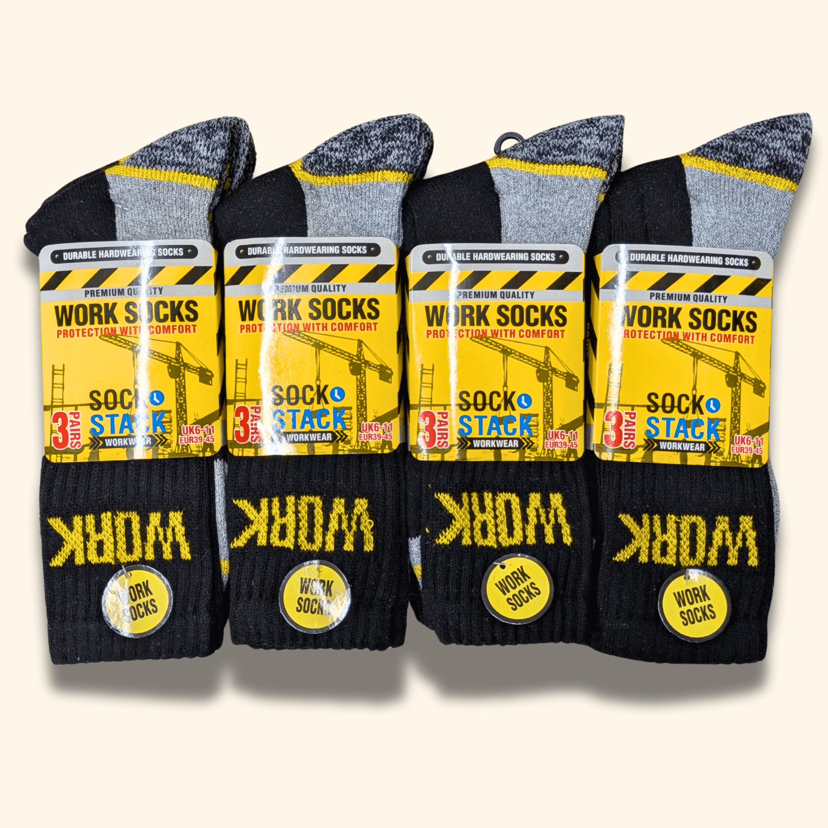 Sock Stack Mens Heavy Duty Work Socks 6 Pairs Cushion Sole Reinforced Toe And Heel Black Cotton Rich Everyday Comfort Pack