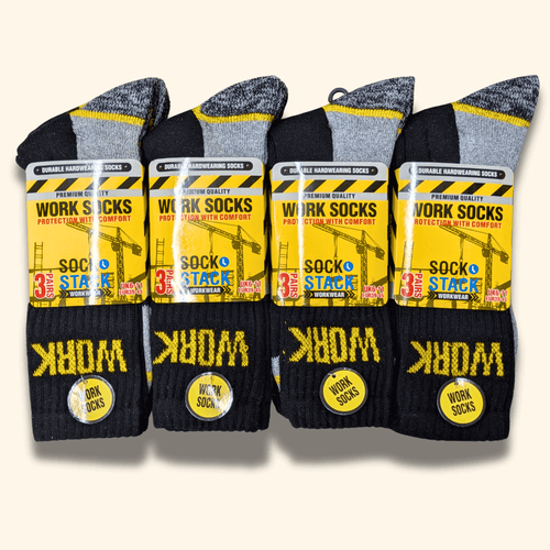 Sock Stack Mens Heavy Duty Work Socks 6 Pairs Cushion Sole Reinforced Toe And Heel Black Cotton Rich Everyday Comfort Pack