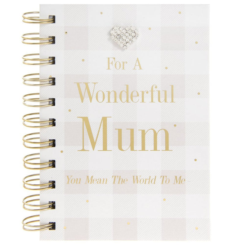For a Wonderful Mum - Pink and White Checked Notebook with Diamante Heart