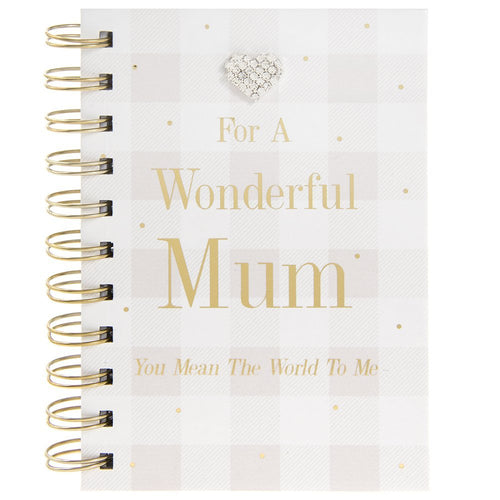 For a Wonderful Mum - Pink and White Checked Notebook with Diamante Heart