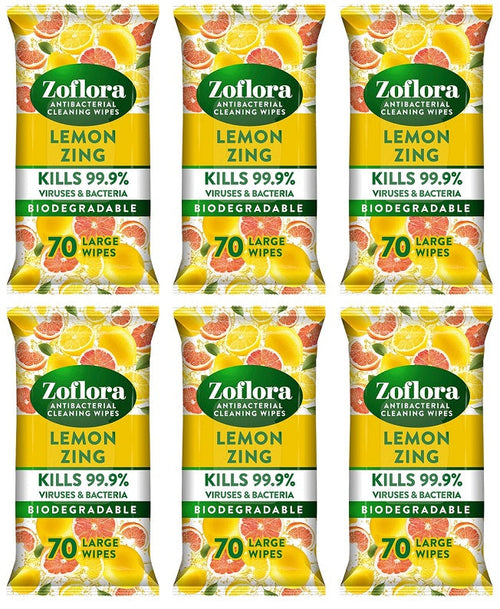 6 x Zoflora Antibacterial Wipes Lemon Zing  - 70 PACK