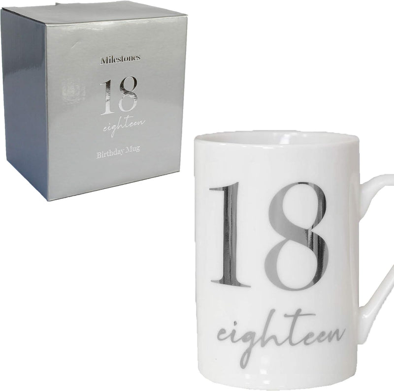 Widdle Gifts Ltd White Bone China Mug with Silver Foil Number - 18th Eighteen Birthday