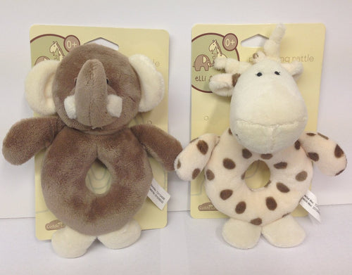 Elli & Raff Plush Ring Rattle (Pair) Elephant & Giraffe