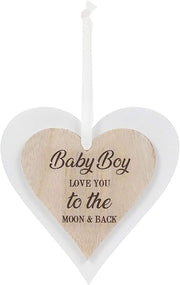 Double Wooden Heart Plaque Hanging Sign - Baby Boy Love You To The Moon & Back