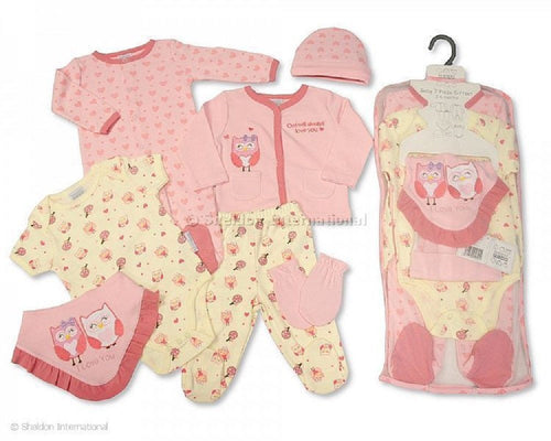 Nursery Time NT0692 Owl design 7 piece Pink/Cream gift set. Available for Newborn to 6 months in 3 sizes. (0-3 months Pink)