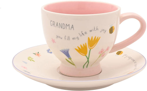 Love Life Ceramic Cup and Saucer Set, Grandma Floral Design with Bumblebee, Pink and White, 325ml Capacity