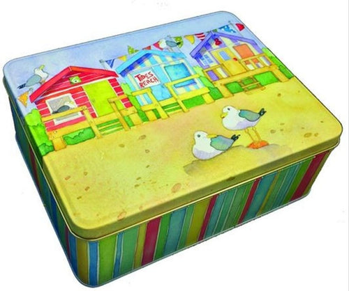 Emma Ball Coastal Beach Huts Deep Rectangular Lidded Tin