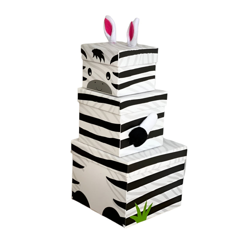 Luck and Luck Stackable Zebra Animal Gift Boxes, Childrens Nested Box, Zebra Gift Box, 3 Tier Nest Stacking Box, Kids Novelty Birthday Gift Box