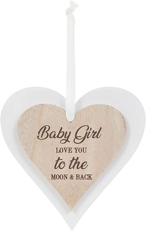 Double Wooden Heart Plaque Hanging Sign - Baby Girl Love You To The Moon & Back