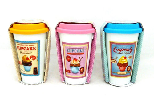 Retro Ceramic Cupcake Travel Mug in 3 Colours Blue Pink and Orange one supplied