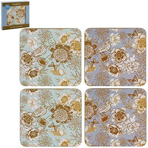Songbird Duck Egg Blue Gold Floral Dinner Coasters Set Of 4