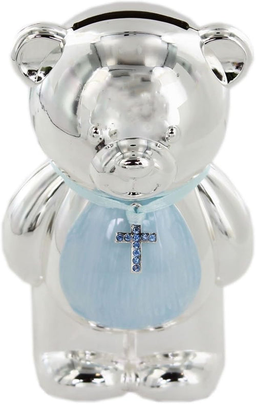 The Leonardo Collection Blue Teddy Money Box - Silver Plated