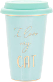 Fine China Green Travel Mug -Silicone Lid, Gold Wording and Trim - I Love My Cat