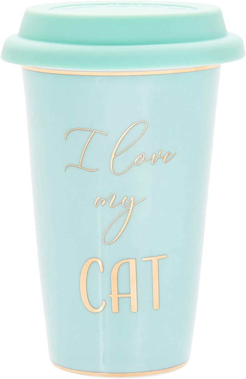 Fine China Green Travel Mug -Silicone Lid, Gold Wording and Trim - I Love My Cat