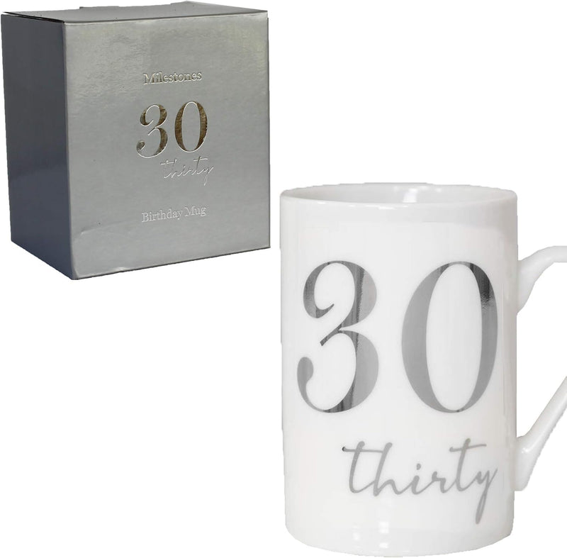 White Bone China Mug with Silver Foil Number - 30th Thirty 30 Birthday