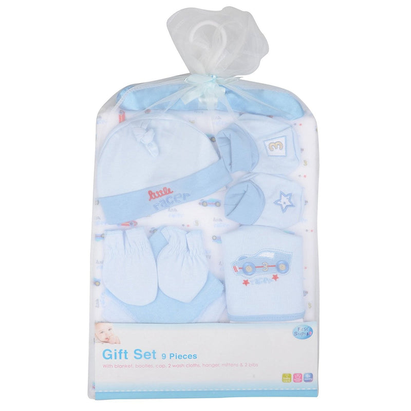 9 Piece Baby Gift Set Newborn Christening Present Blanket Booties Hanger - Blue
