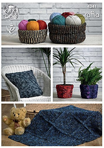 King Cole 4341 Knitting Pattern Storage Baskets, Cushion Covert, Plant Pot Covers and Rug to Knit in King Cole Raffia