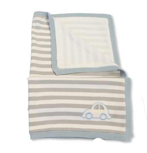 Supersoft Superior Luxurious Knitted Grey Stripe Blue Car Pram/Crib Blanket