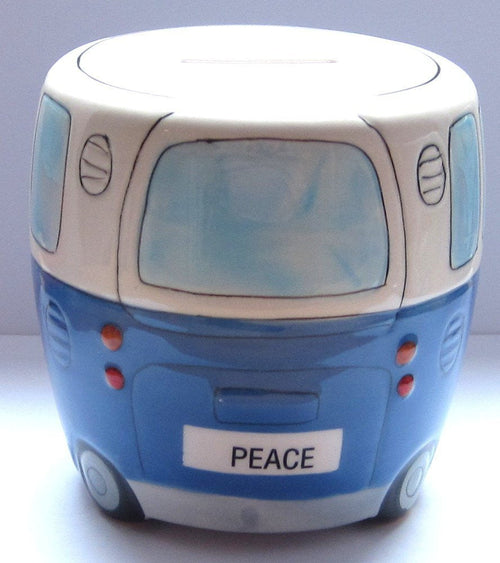 White and Blue Ceramic Camper Van Money Box with 'PEACE' on the Front