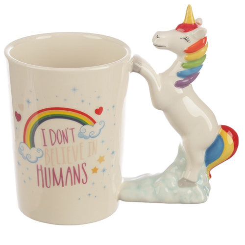 Ceramic I Don't Believe in Humans Unicorn Shaped Handle Mug